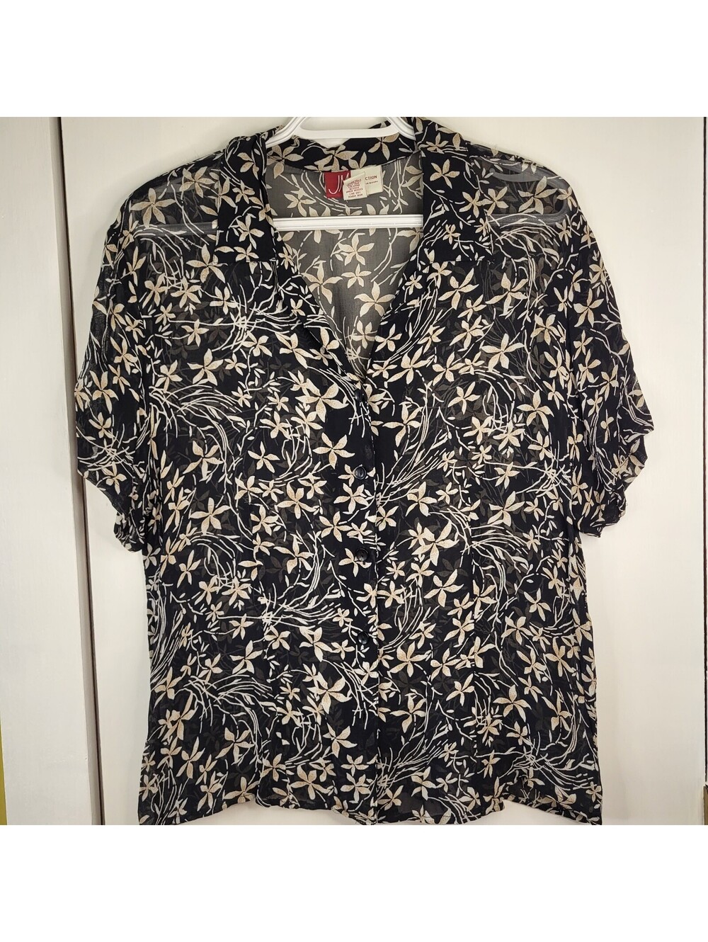 Jennifer Moore button-up shirt  black with tan floral print  sheer fabric Lg